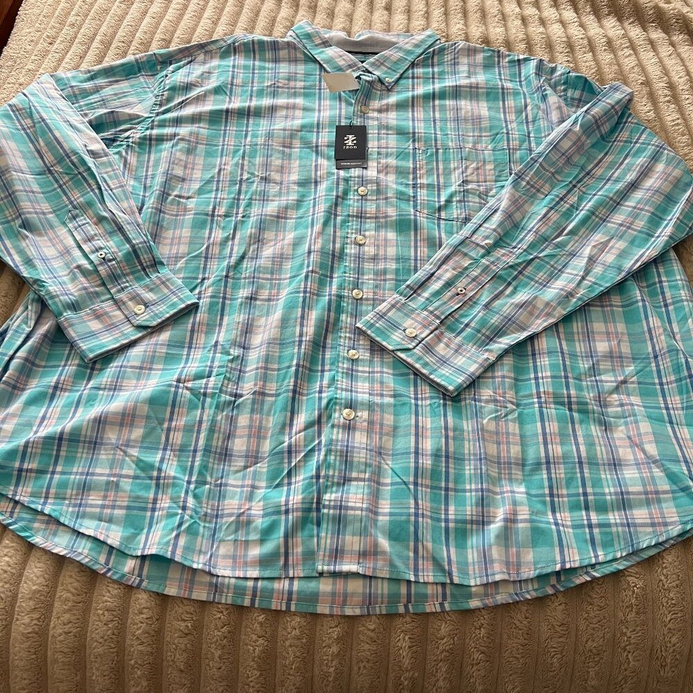 MEN'S IZOD BACHELOR BUTTON L/S SLEEVED BUTTON DOWN SHIRT-BLUE GREEN PLAID-4XLT